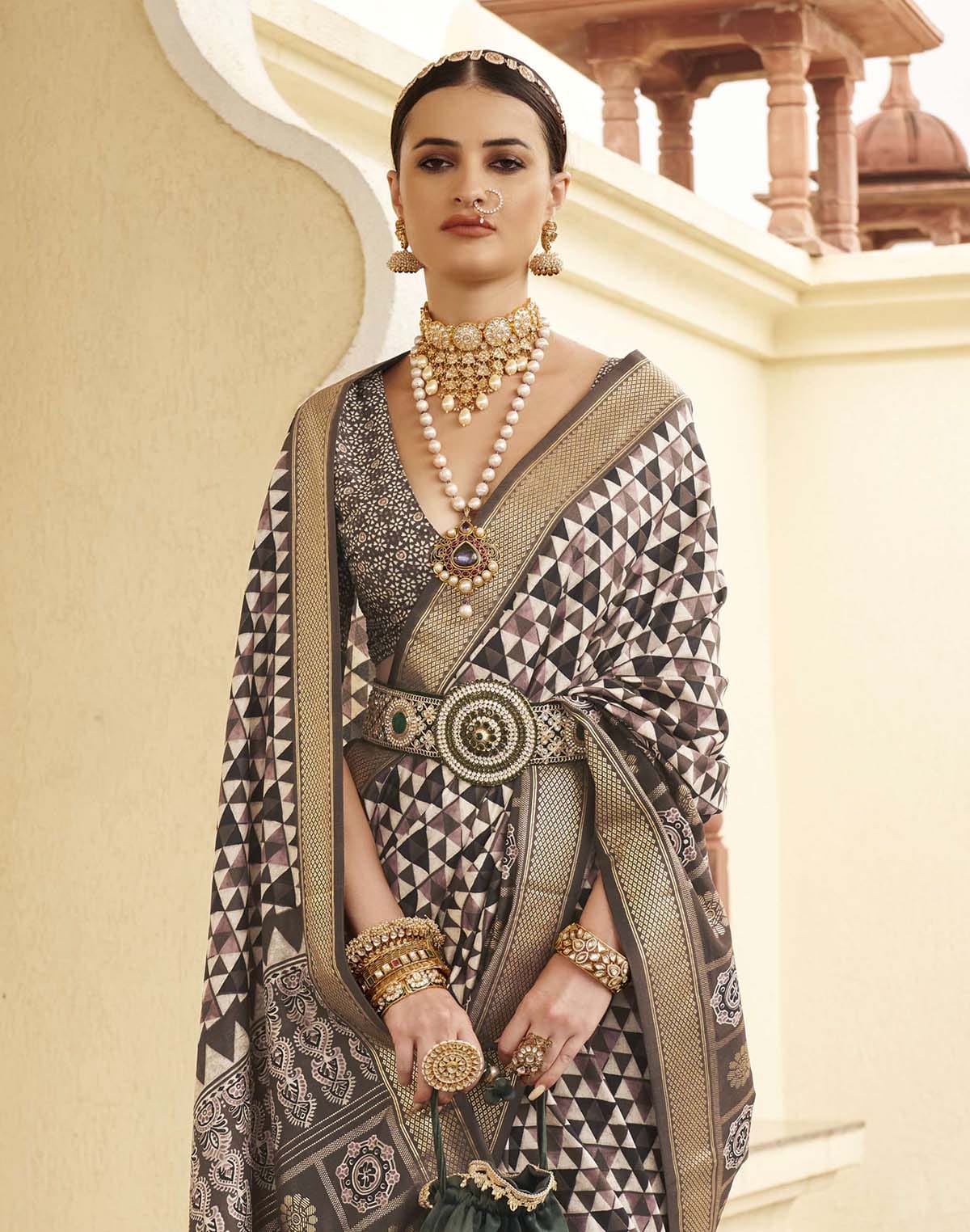 Classic Dark Brown Geometric Print Soft Silk Saree