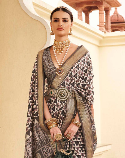 Classic Dark Brown Geometric Print Soft Silk Saree