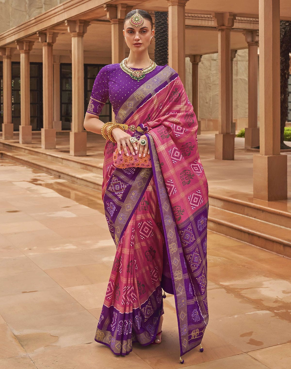 Peach and Purple Patola Silk Saree