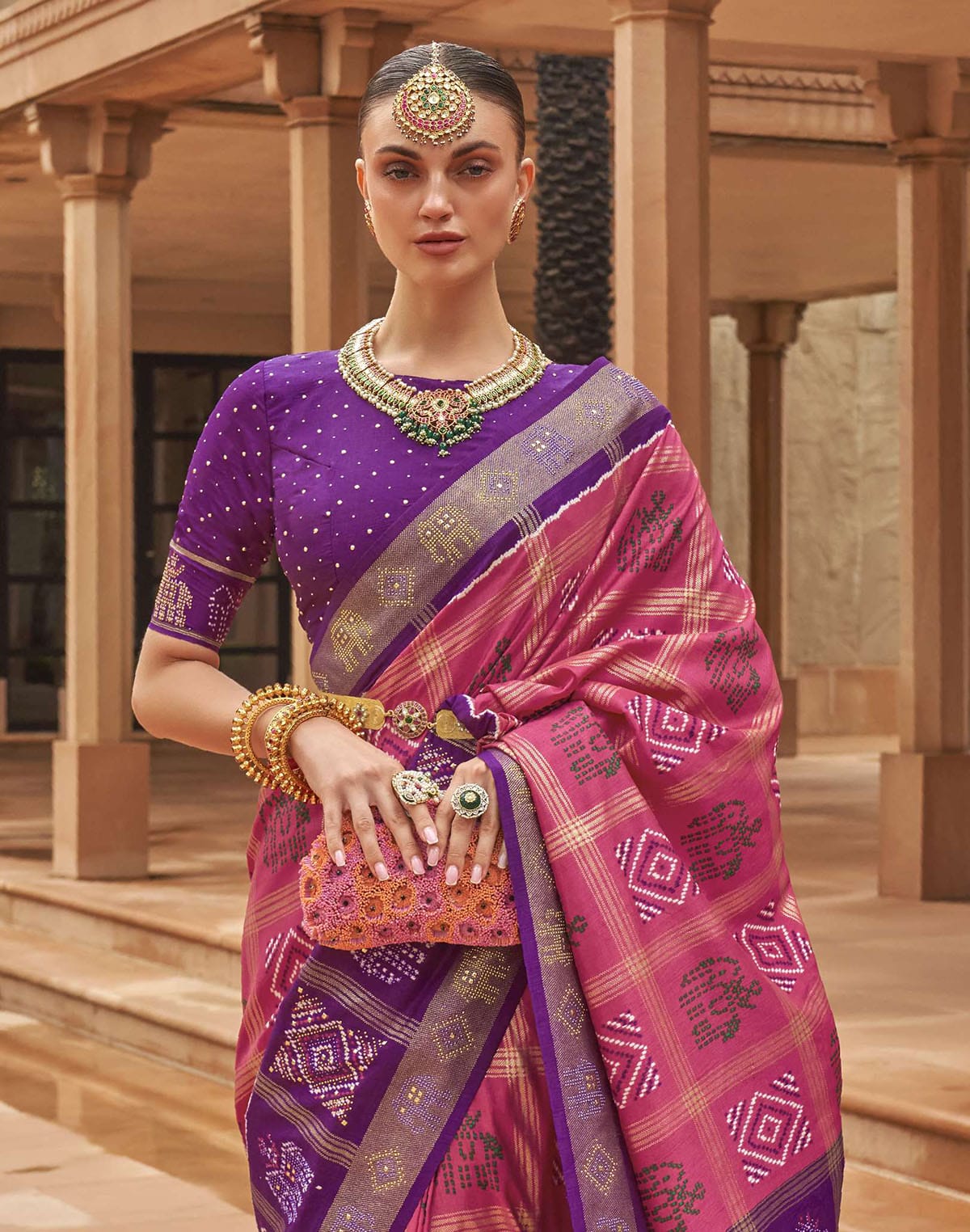 Peach and Purple Patola Silk Saree