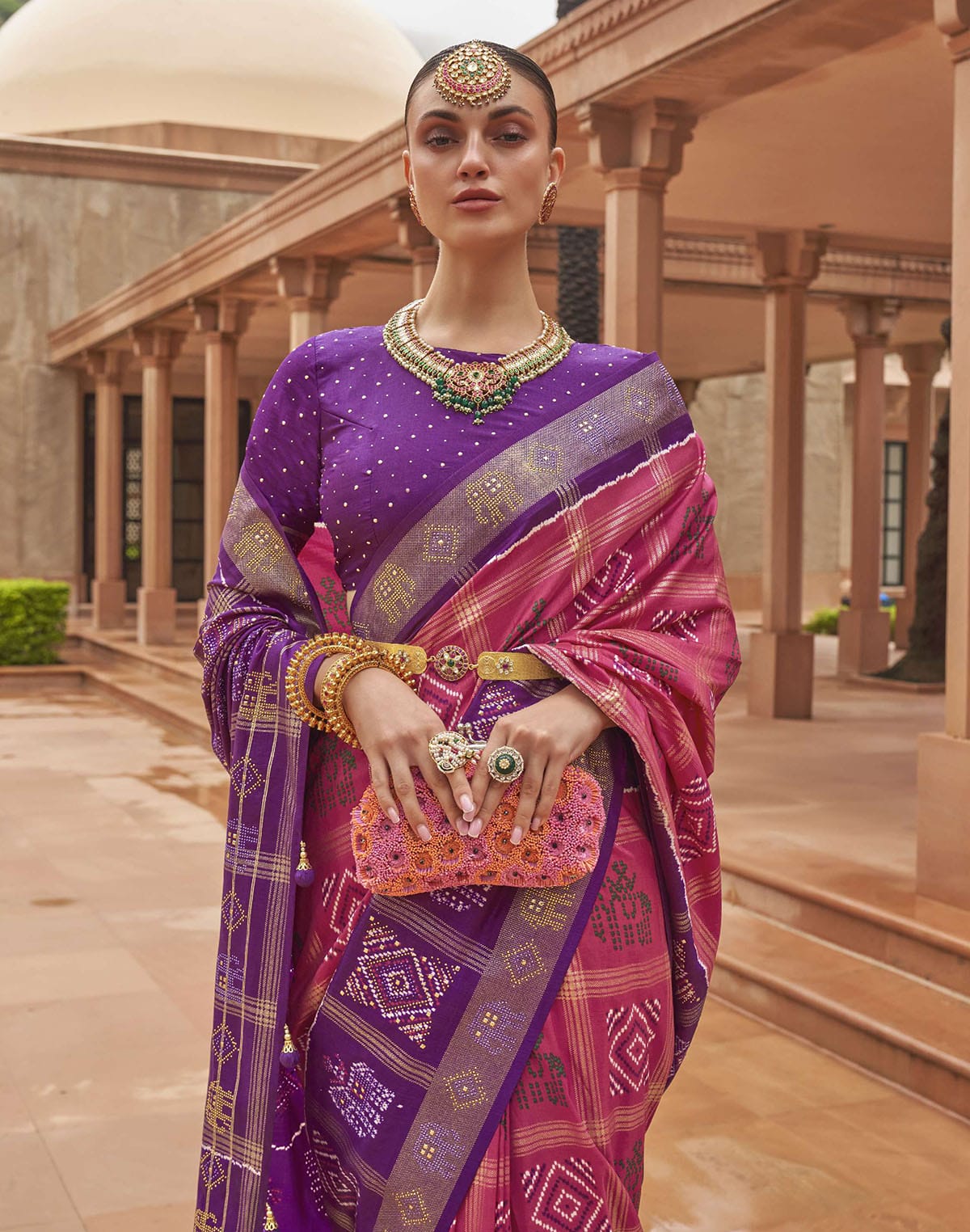 Peach and Purple Patola Silk Saree