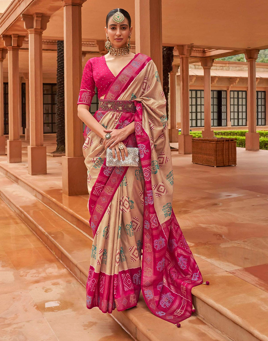 Beige and Magenta Woven Patola Silk Saree