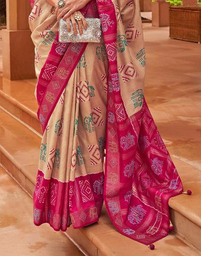 Beige and Magenta Woven Patola Silk Saree