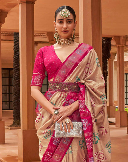 Beige and Magenta Woven Patola Silk Saree