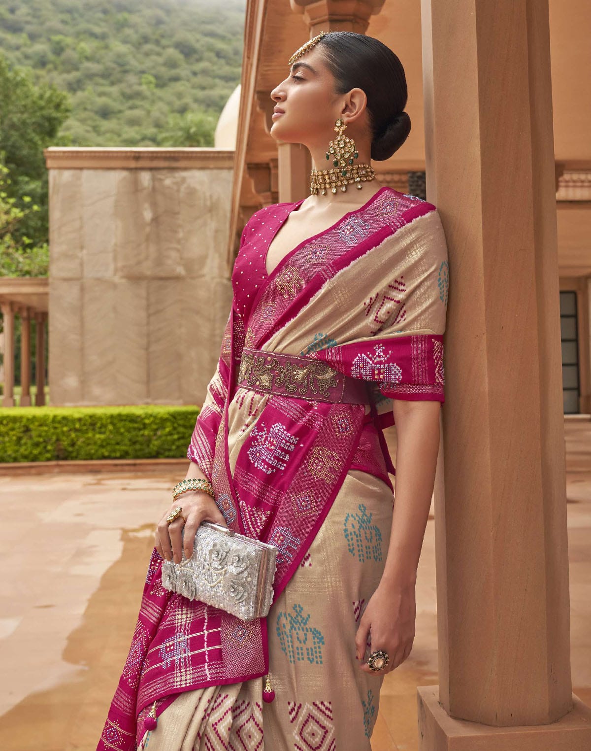 Beige and Magenta Woven Patola Silk Saree