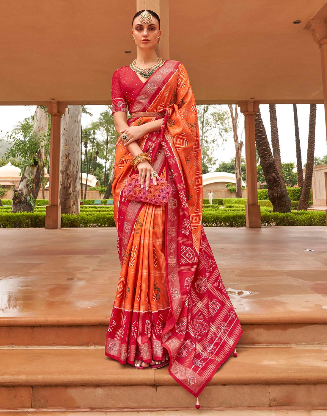 Orange Patola Silk Contrast Border Saree