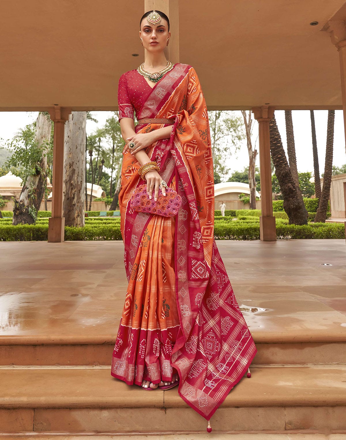 Orange Patola Silk Contrast Border Saree