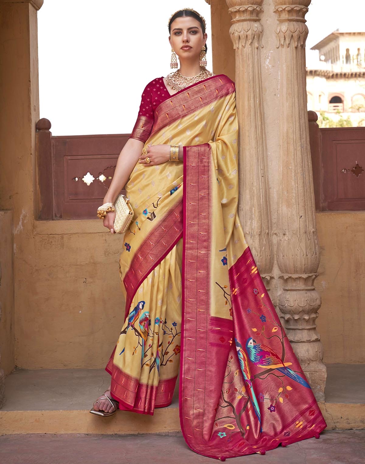 Light Yellow Paithani Banars Soft Saree