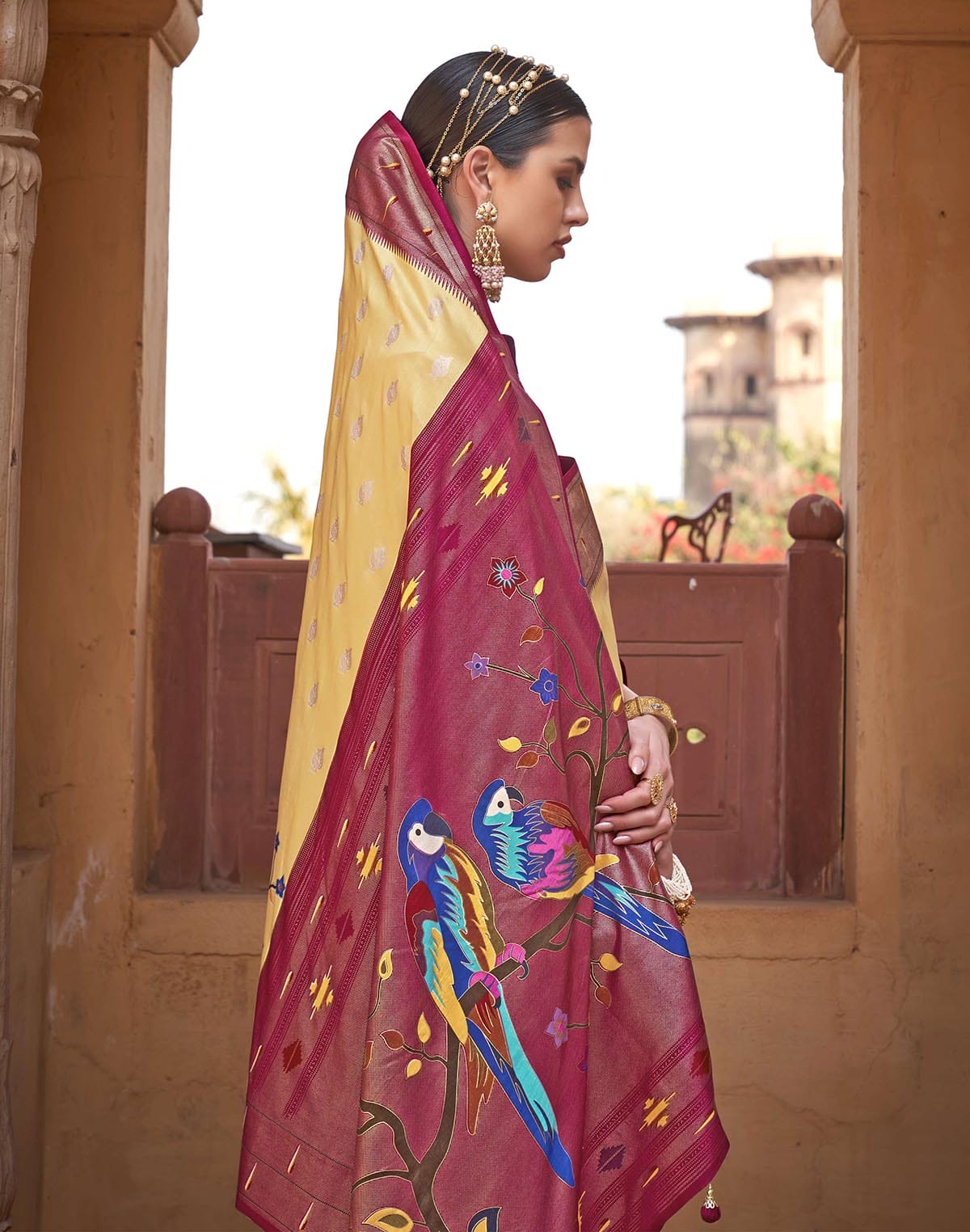 Light Yellow Paithani Banars Soft Saree