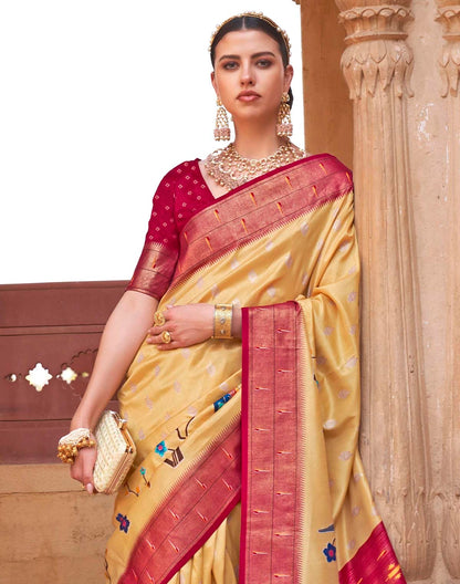 Light Yellow Paithani Banars Soft Saree