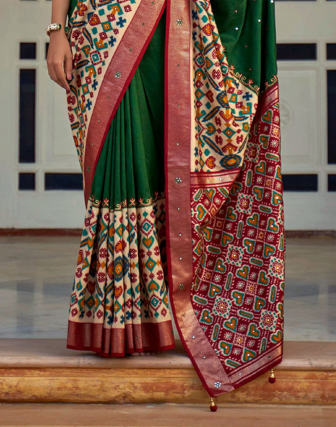 Dark Green Mirror work Patola Silk Designer Saree