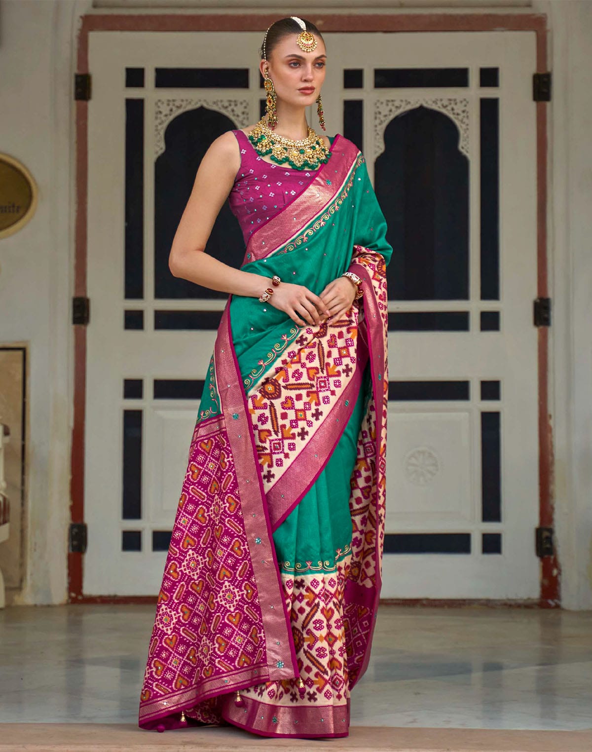 Sea Green Patola Silk Mirror work Saree