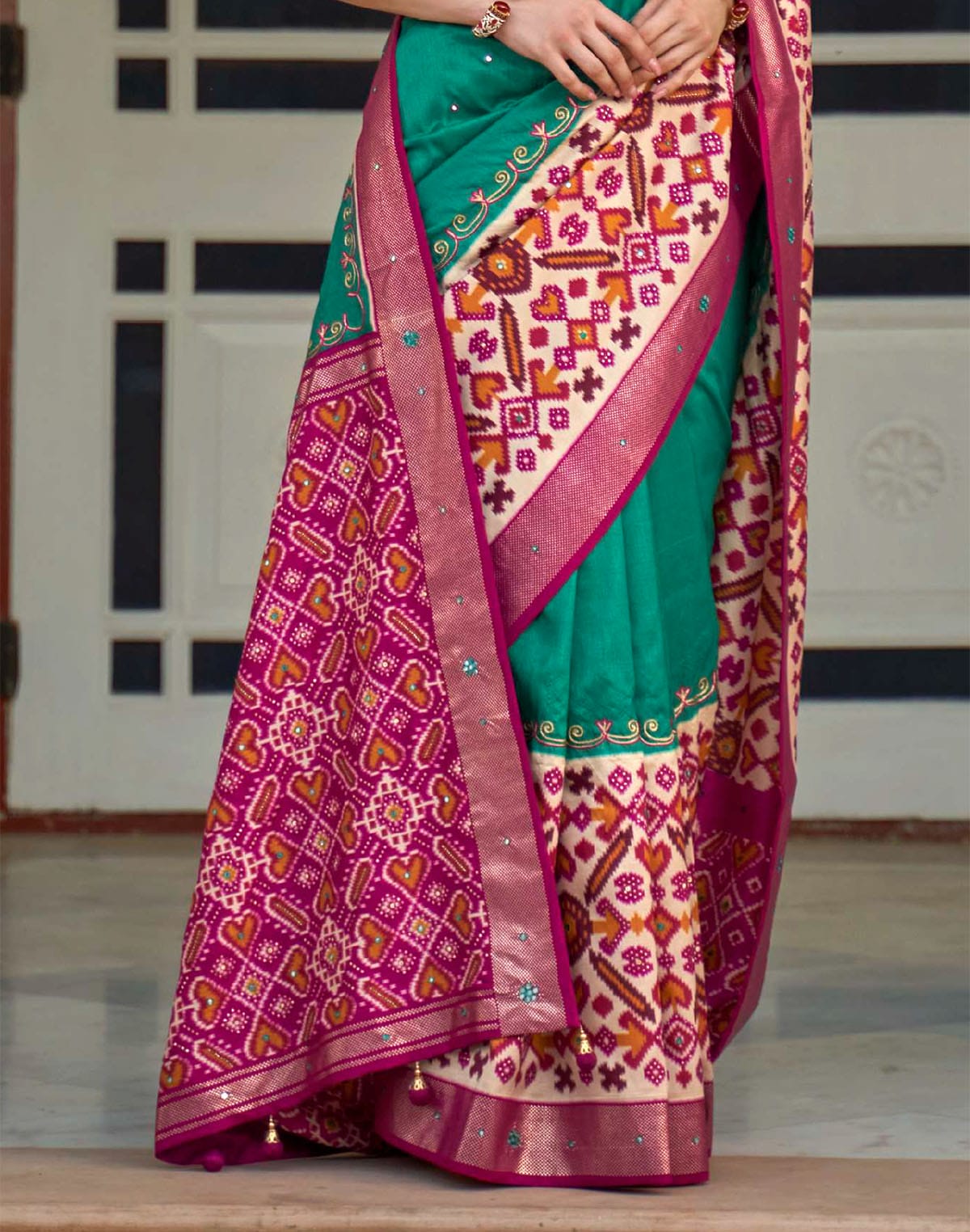 Sea Green Patola Silk Mirror work Saree