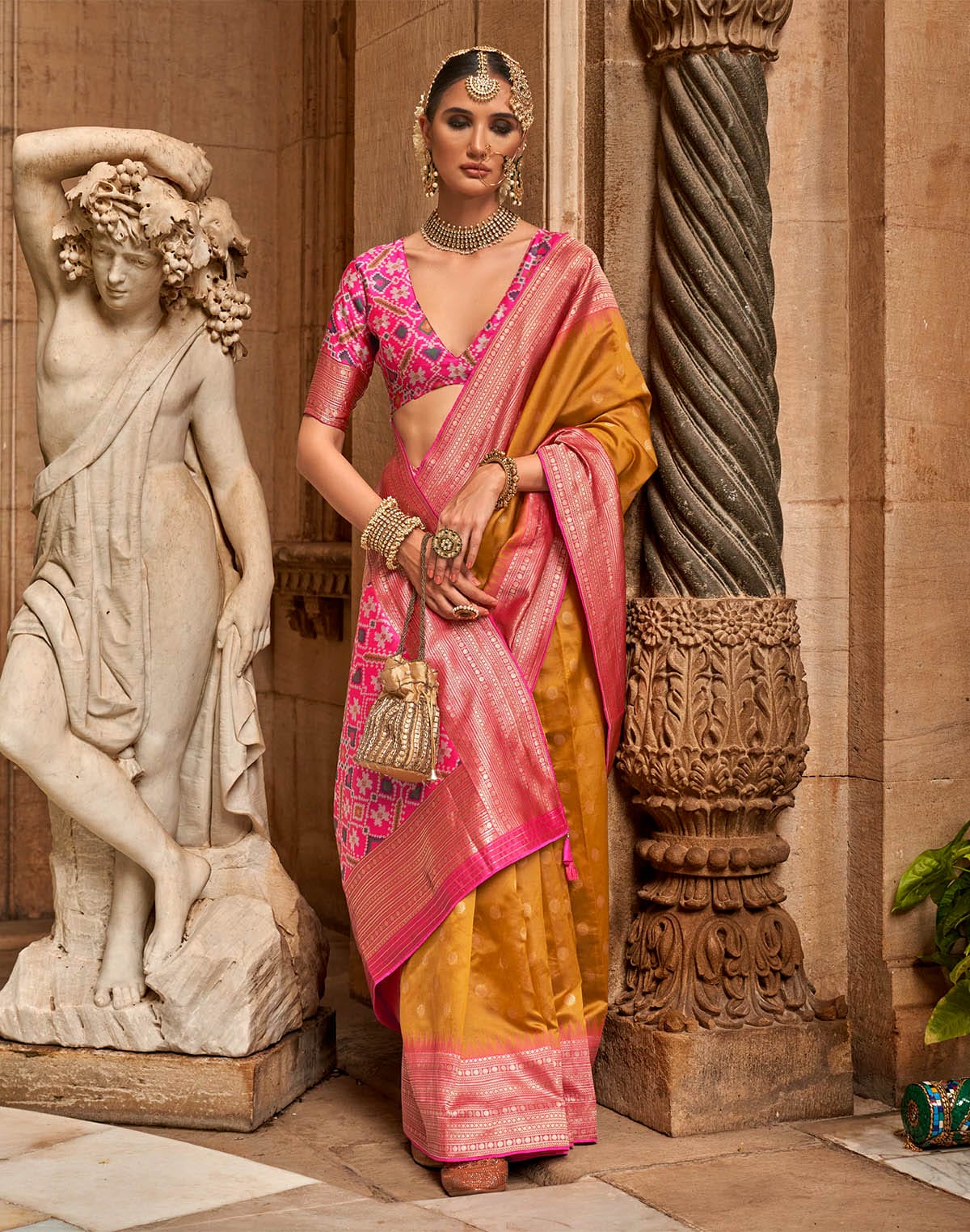 Mustard Butta Soft Banaras Patola Saree