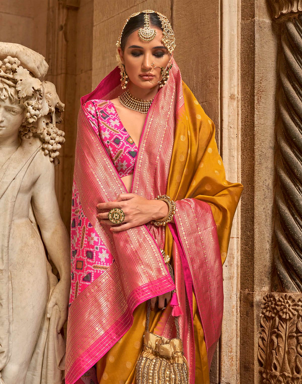 Mustard Butta Soft Banaras Patola Saree