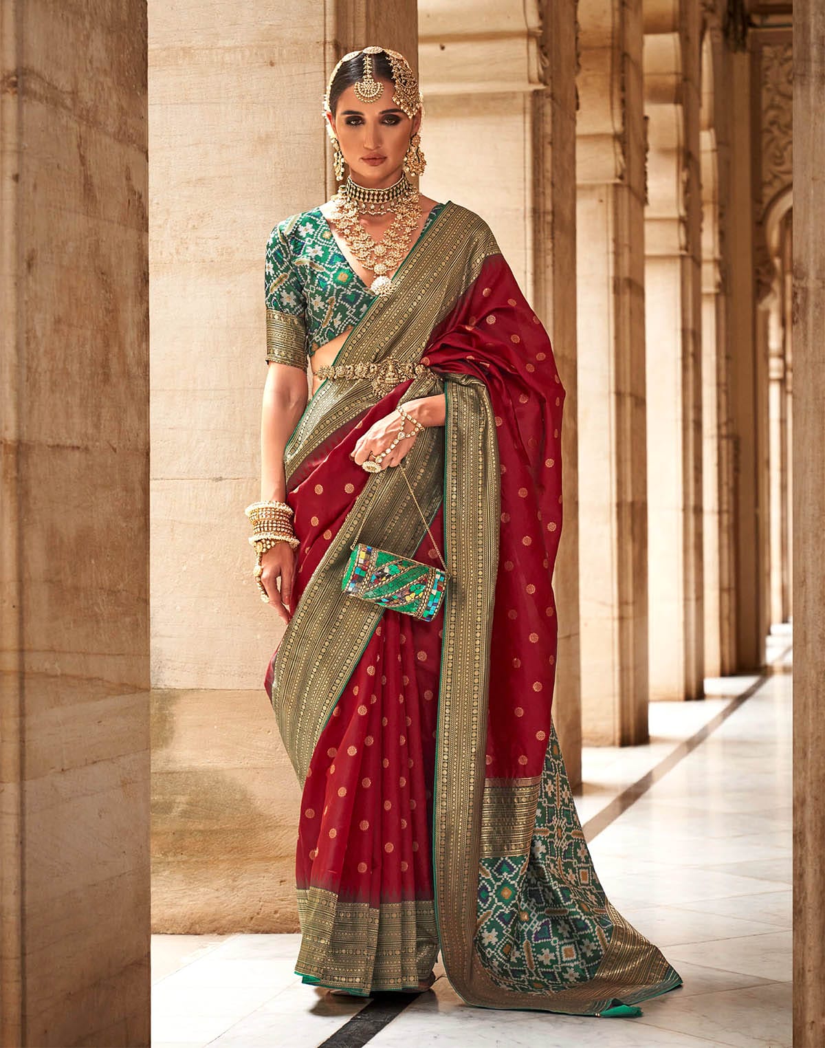 Maroon and Green Banaras Patola Saree