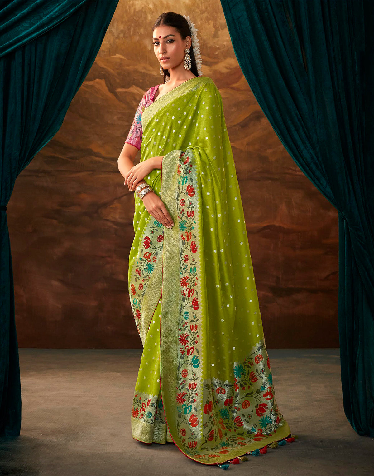 Parrot Green Floral Paithani Banarasi Dola Silk Saree