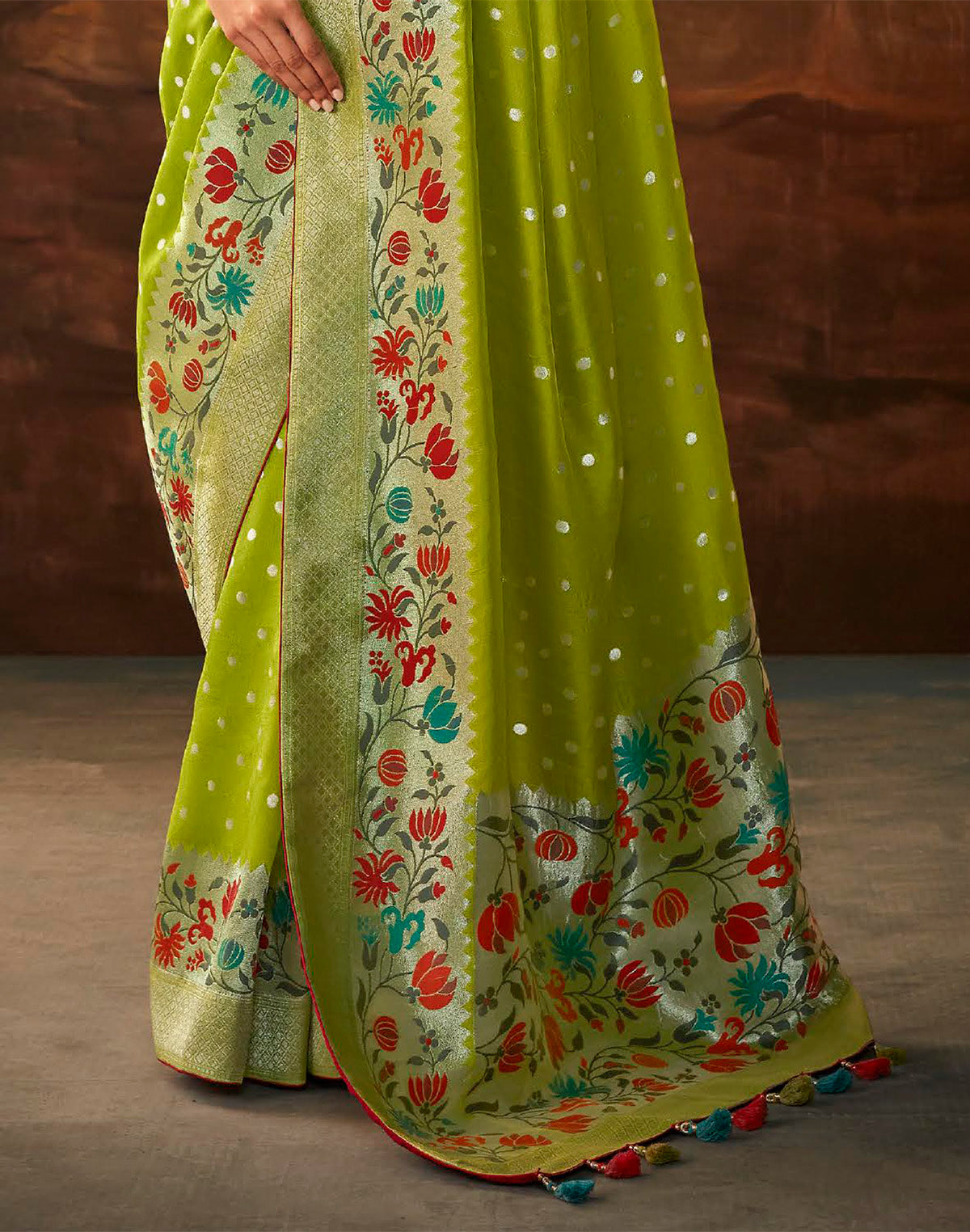 Parrot Green Floral Paithani Banarasi Dola Silk Saree