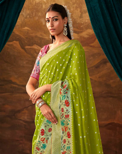 Parrot Green Floral Paithani Banarasi Dola Silk Saree