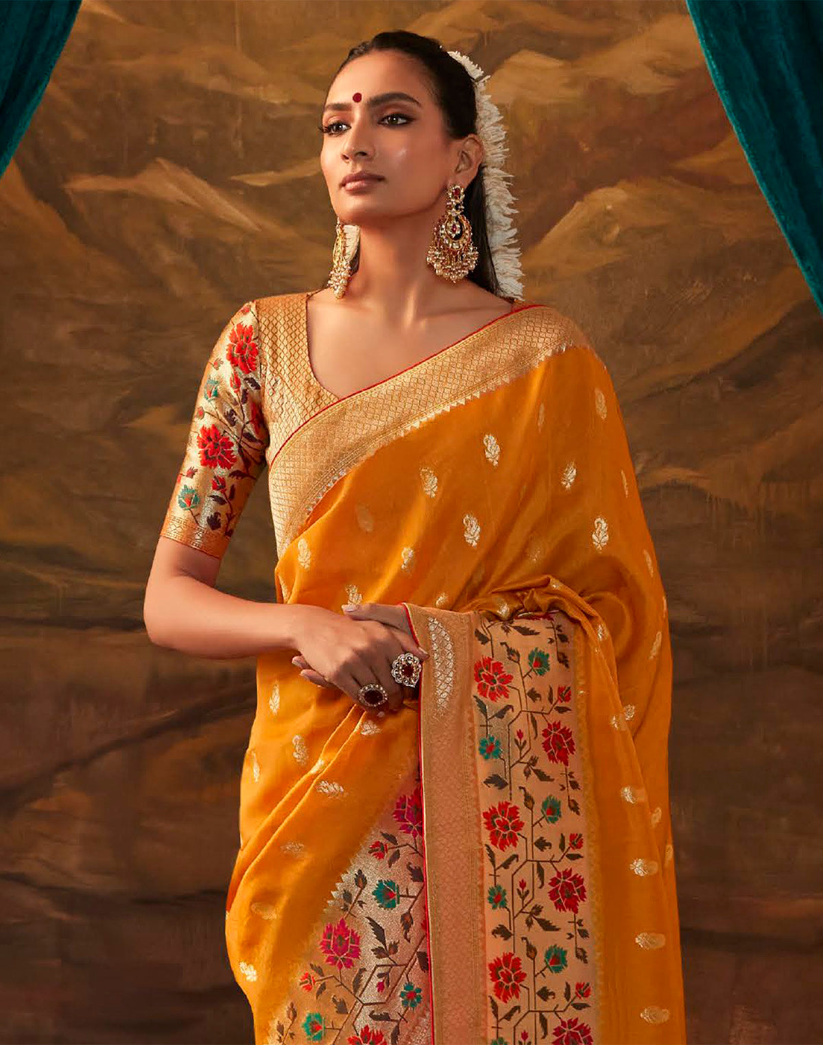 Orange Multi Floral Paithani Design Banarasi Dola Silk Saree