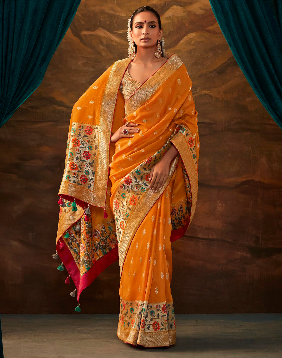 Orange Multi Floral Paithani Design Banarasi Dola Silk Saree