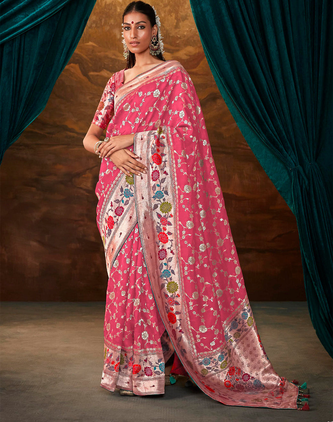 Pink All Over Floral Design Paithani Banarasi Dola Silk Saree