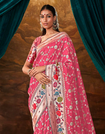 Pink All Over Floral Design Paithani Banarasi Dola Silk Saree