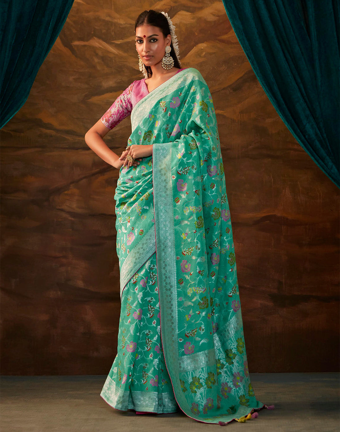 Sea Green Floral Paithani Banarasi Dola Silk Saree