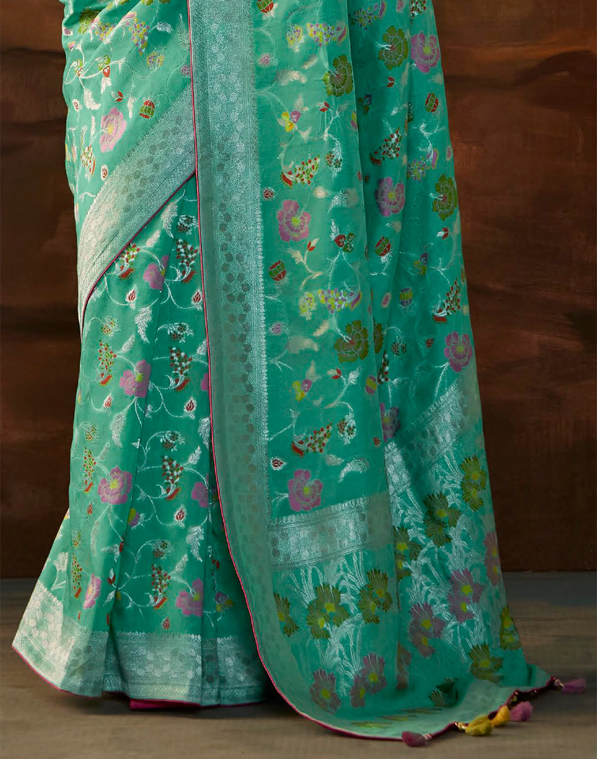 Sea Green Floral Paithani Banarasi Dola Silk Saree