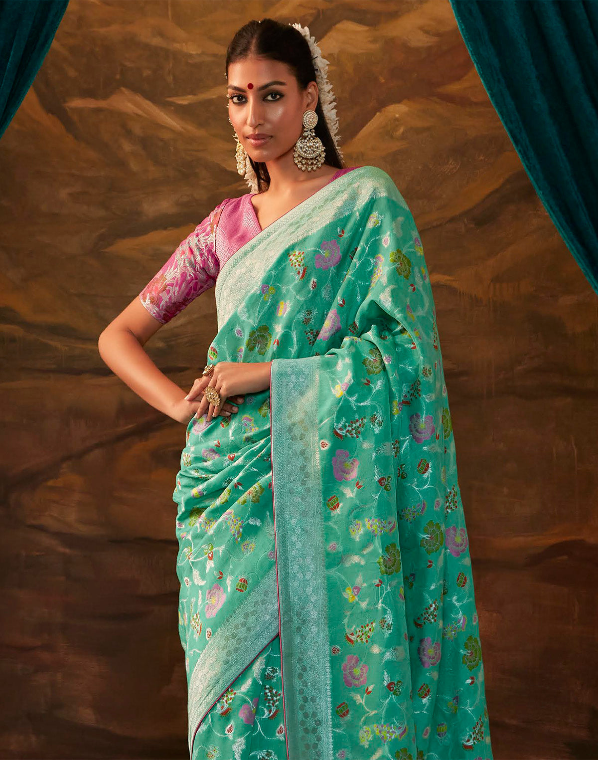 Sea Green Floral Paithani Banarasi Dola Silk Saree