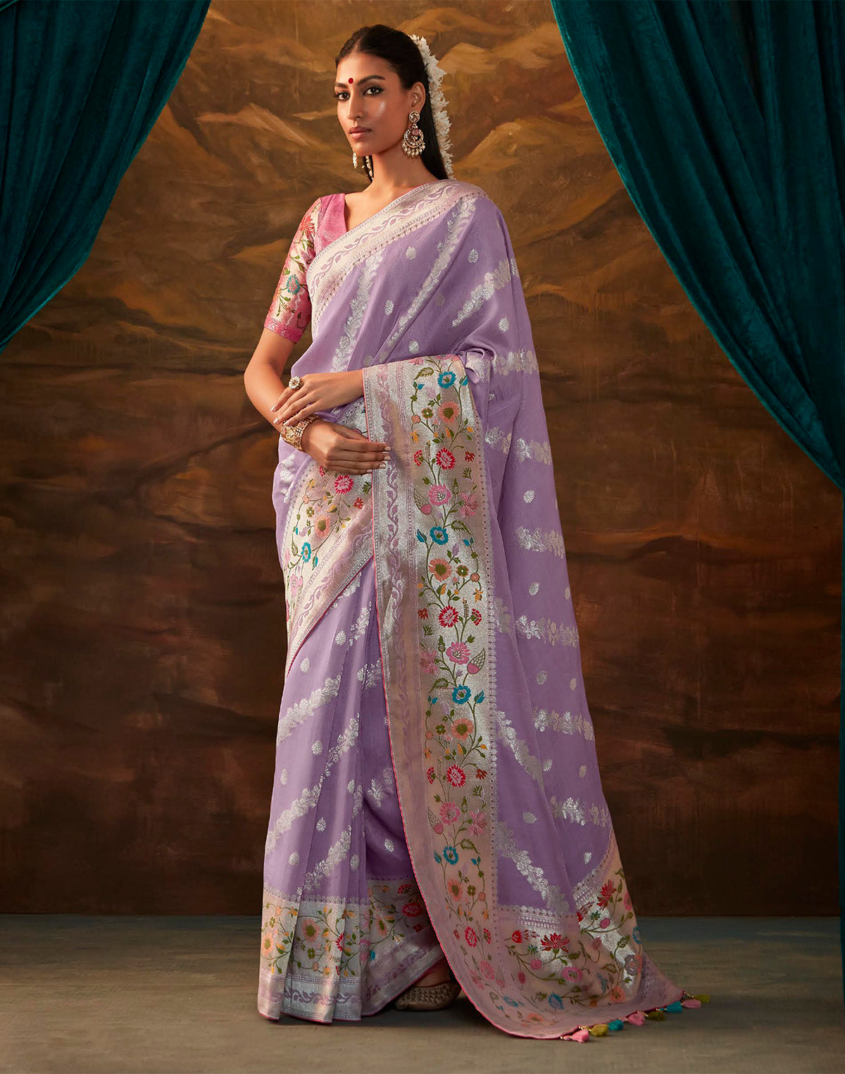 Purple Coloured Floral Paithani Banarasi Dola Silk Saree