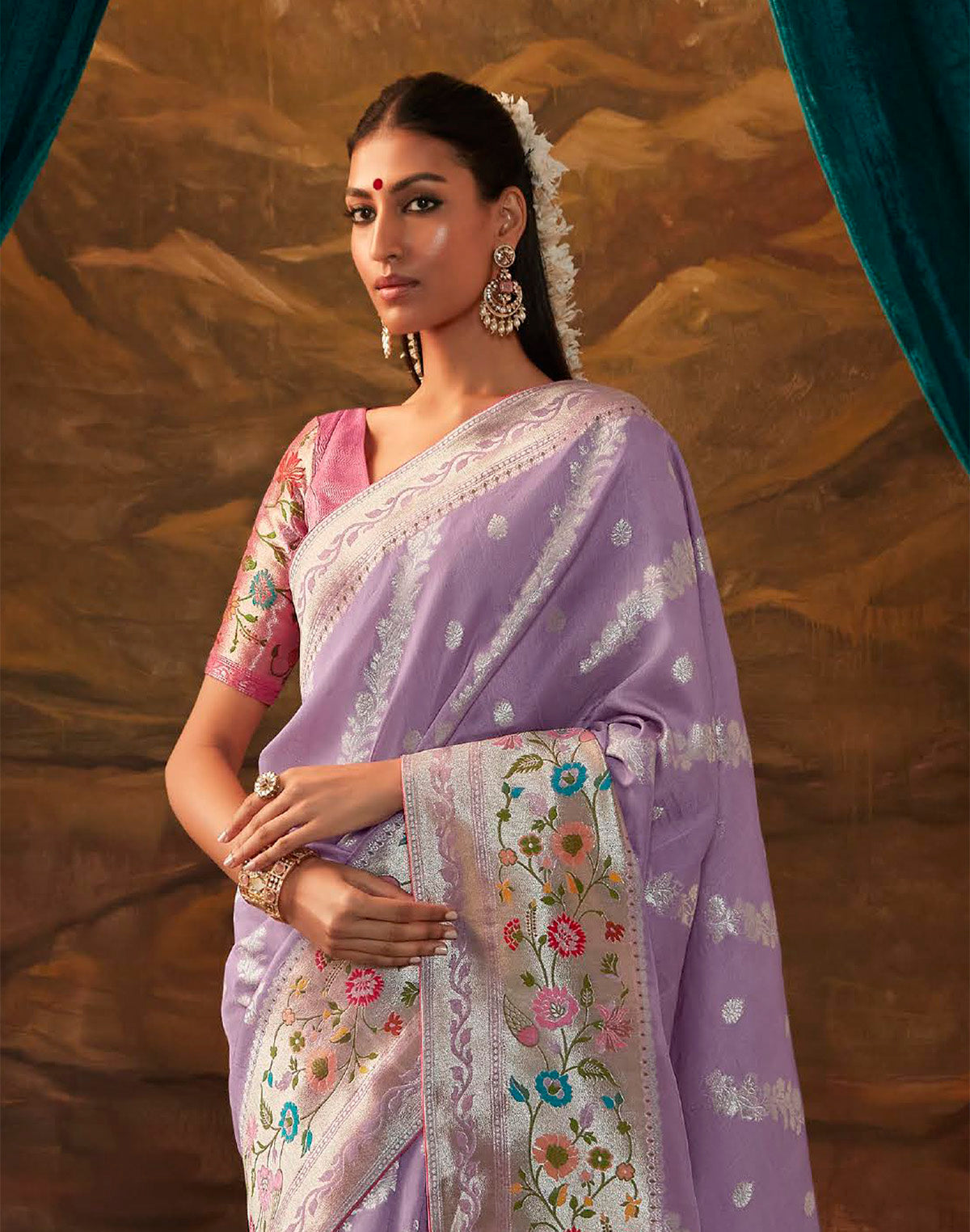 Purple Coloured Floral Paithani Banarasi Dola Silk Saree