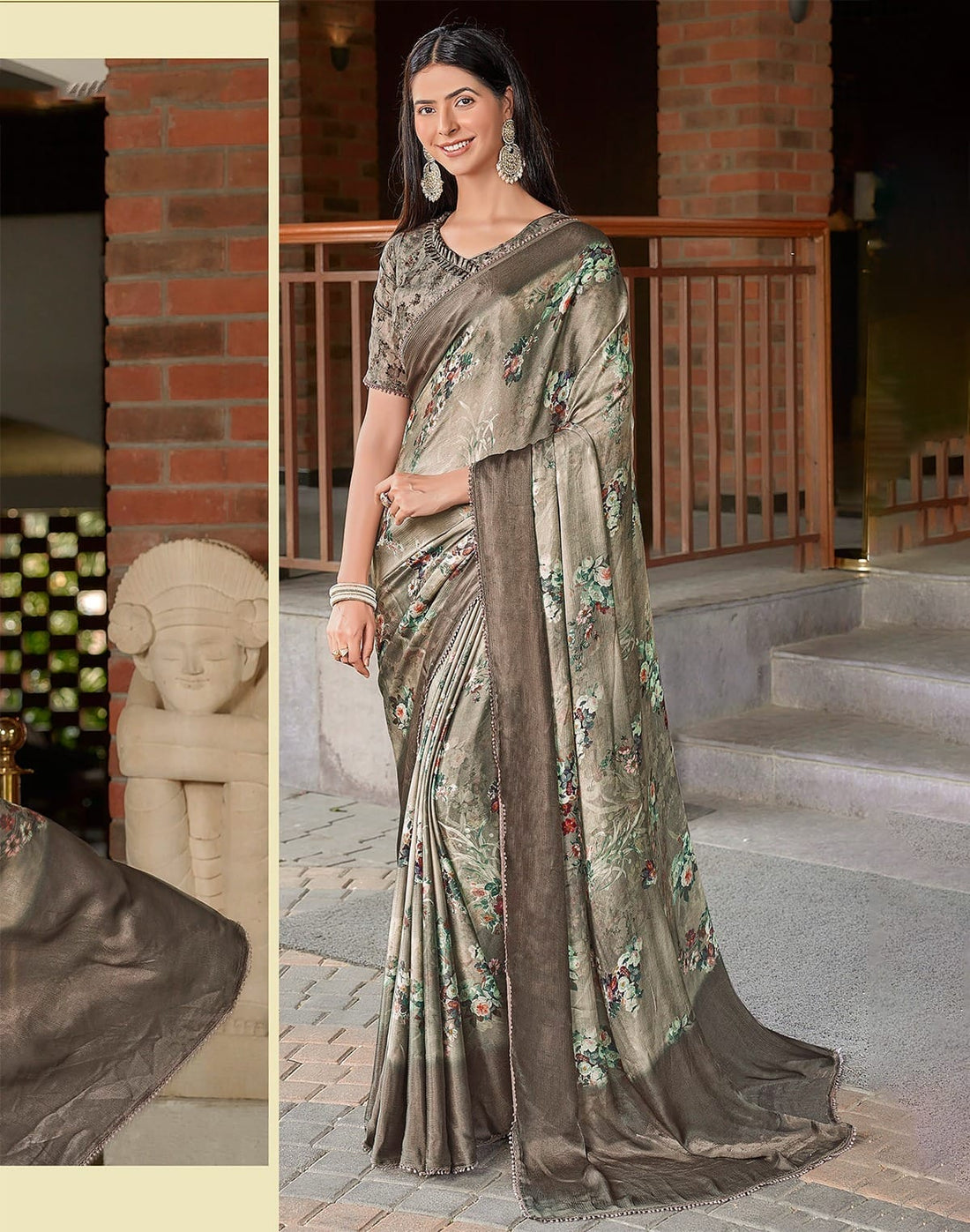 Light Green Floral Design Dola Silk Saree