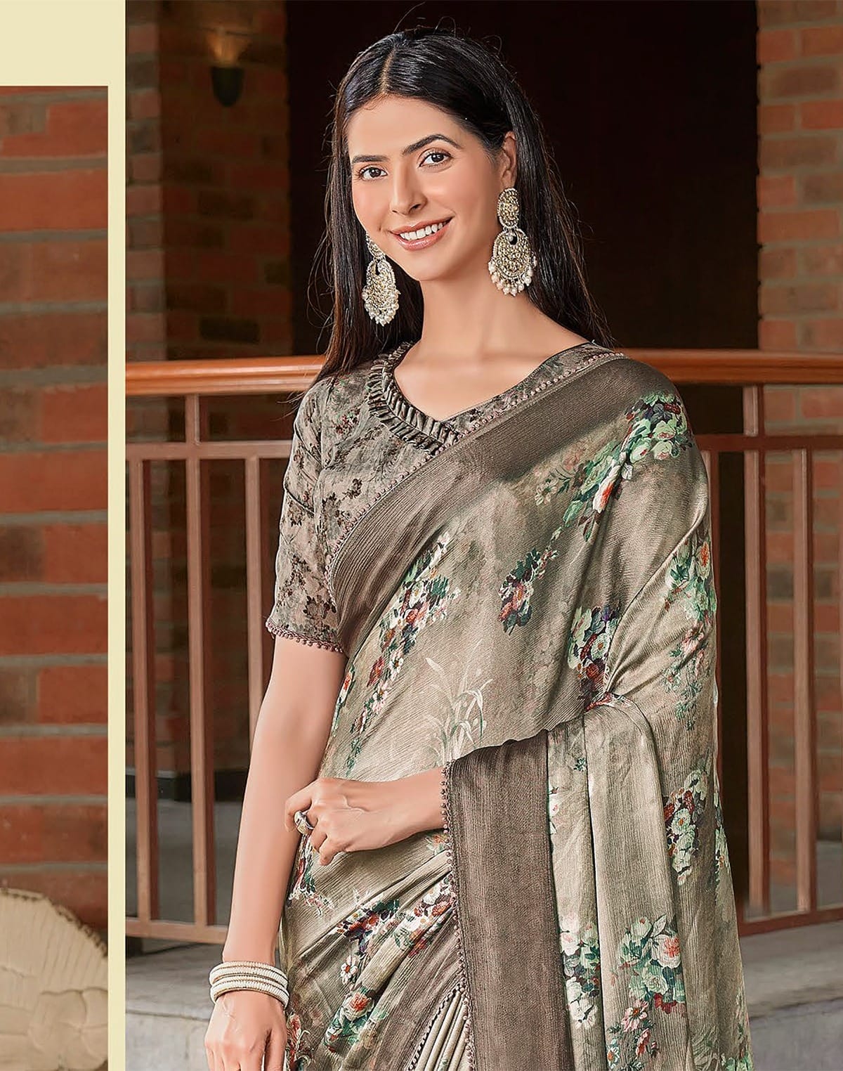 Light Green Floral Design Dola Silk Saree