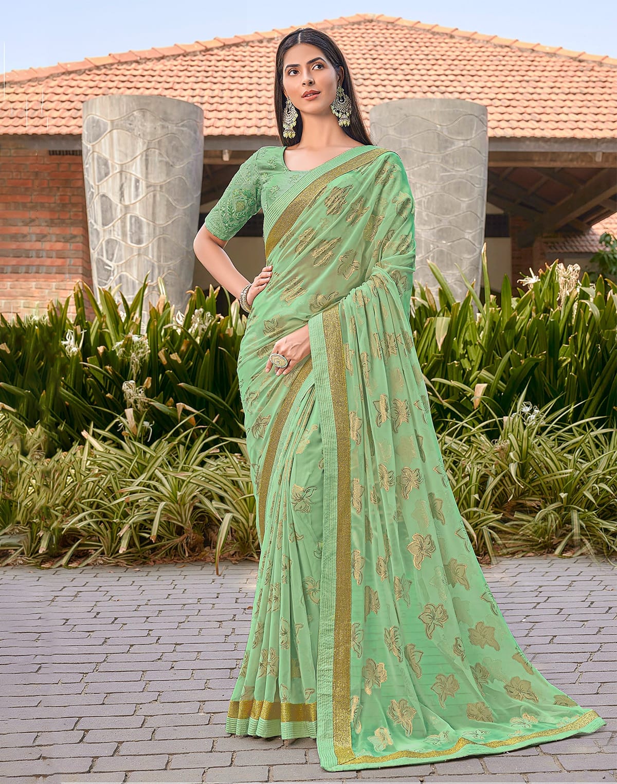 Light Green Floral Pattern Dola Silk Fancy Saree