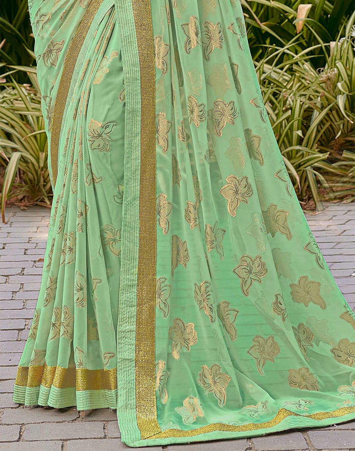 Light Green Floral Pattern Dola Silk Fancy Saree