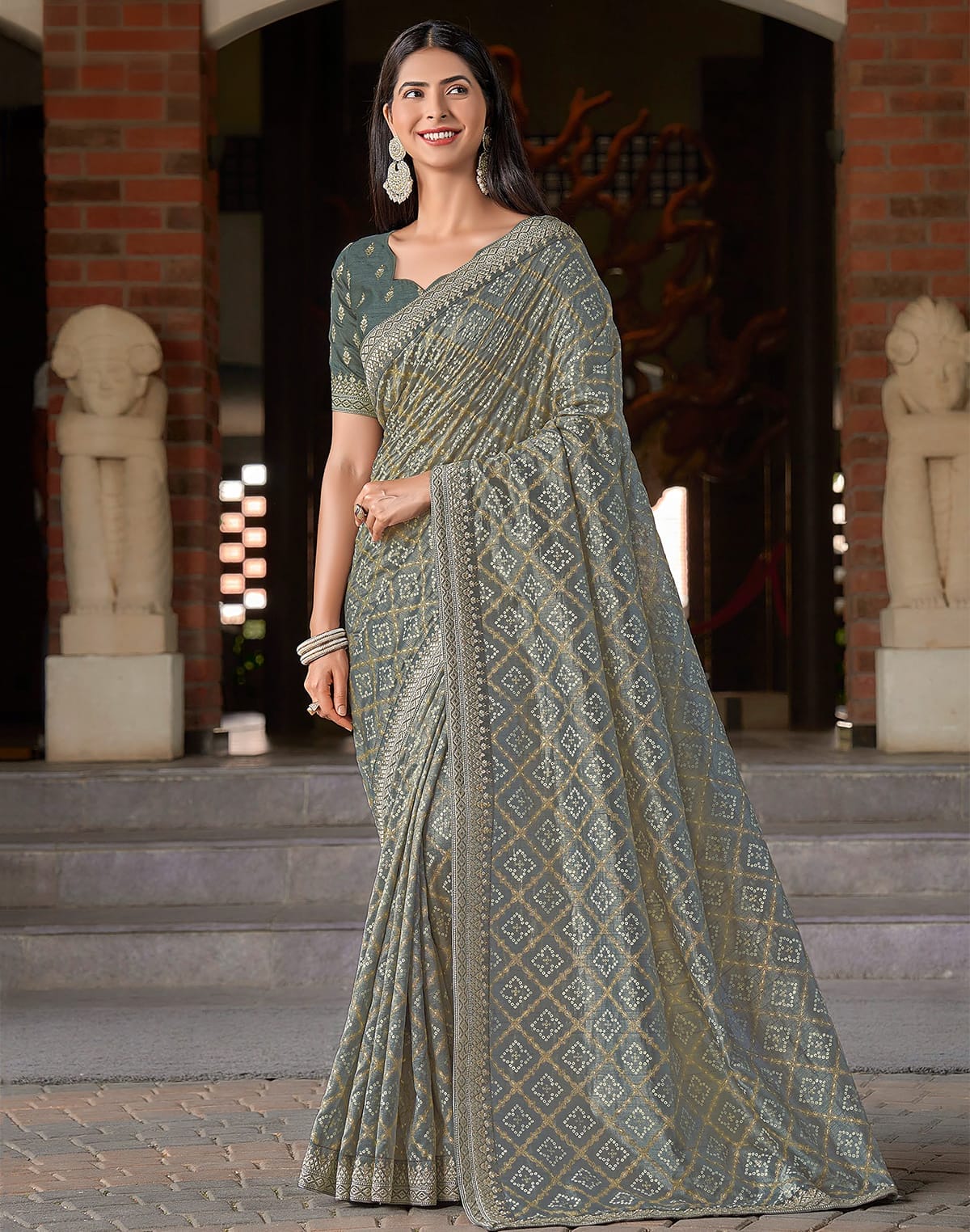 Grey Bandhini Print Soft Dola Silk Saree with work Blouse