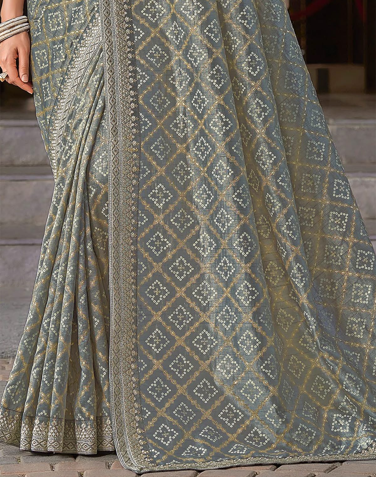 Grey Bandhini Print Soft Dola Silk Saree with work Blouse