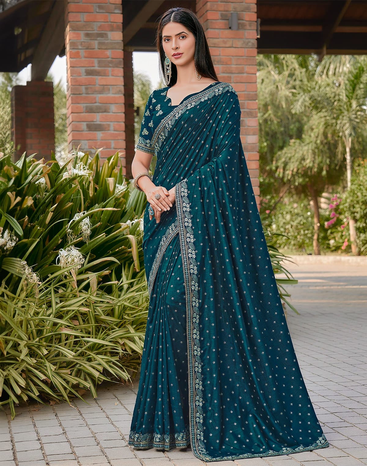 Peacock Blue Floral Dola Silk Saree with work Blouse