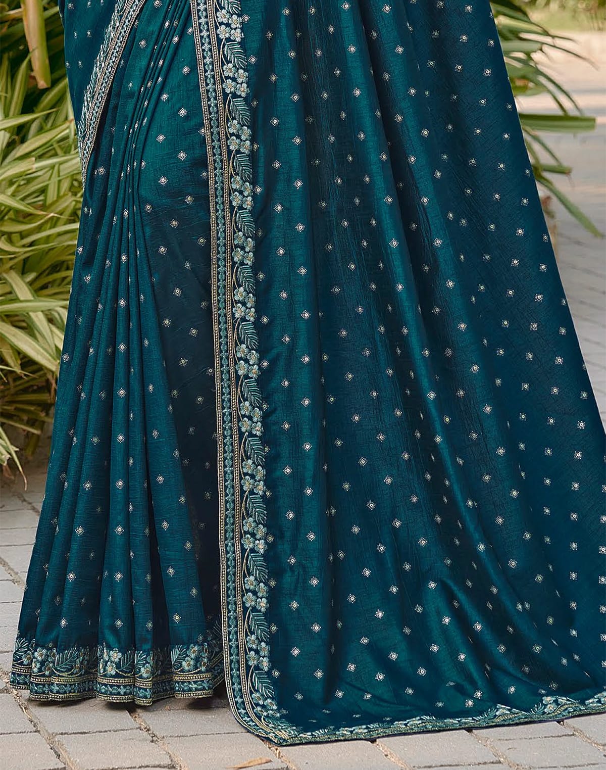 Peacock Blue Floral Dola Silk Saree with work Blouse