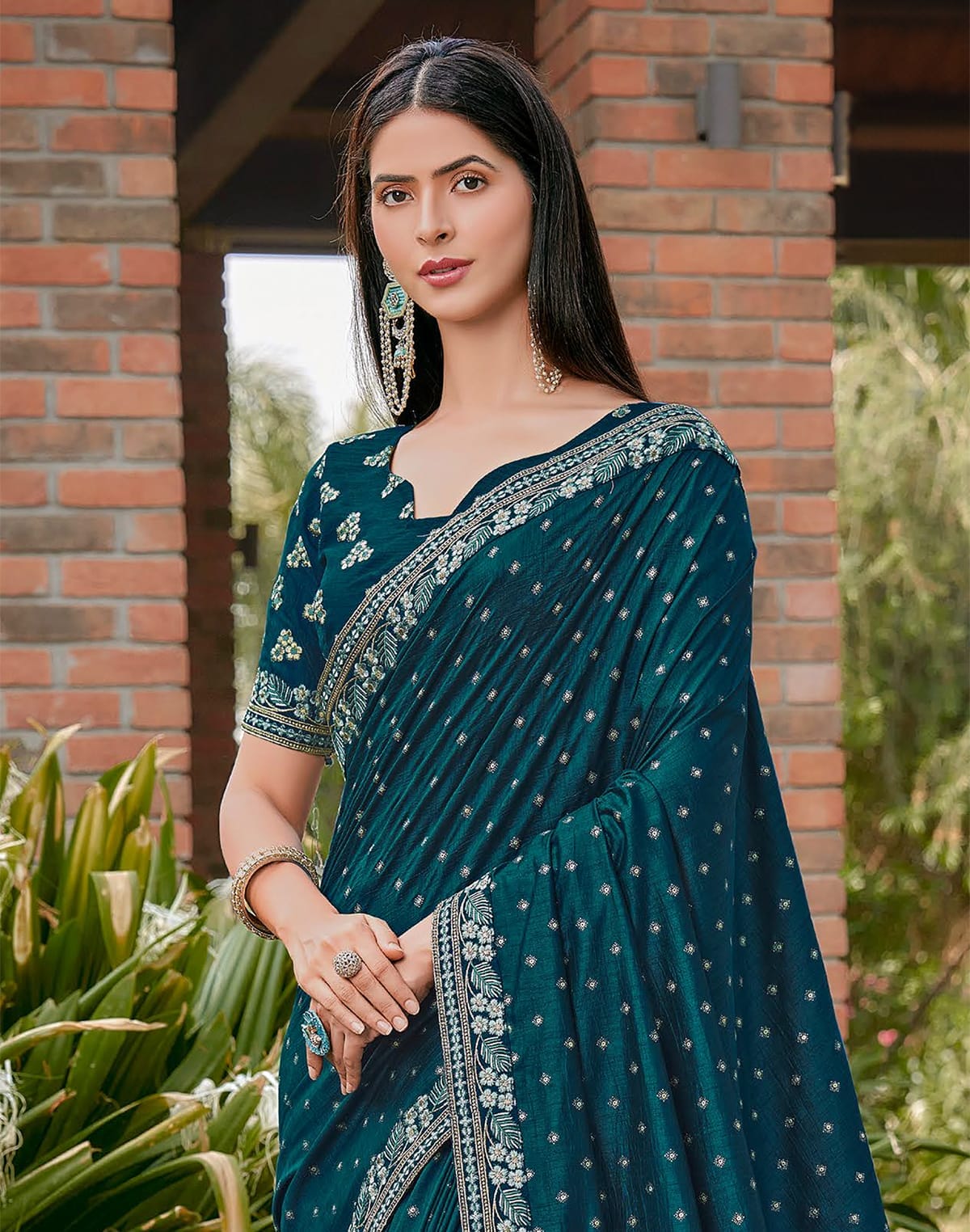 Peacock Blue Floral Dola Silk Saree with work Blouse