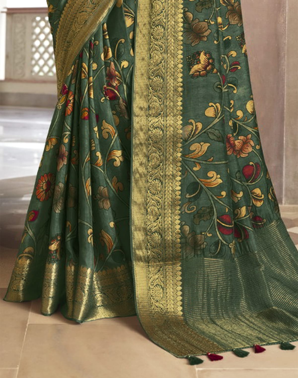 Green Soft Dola Silk with Kalamkari Print Saree