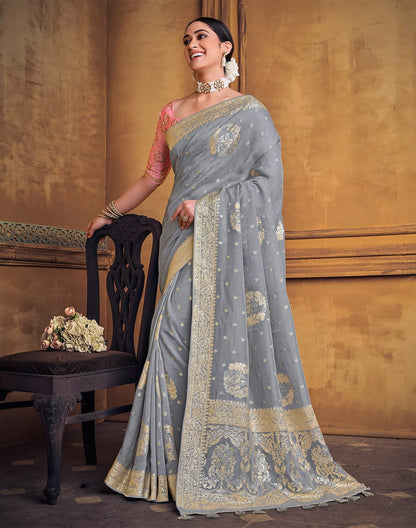 Grey and Pink Soft Dola Silk Saree