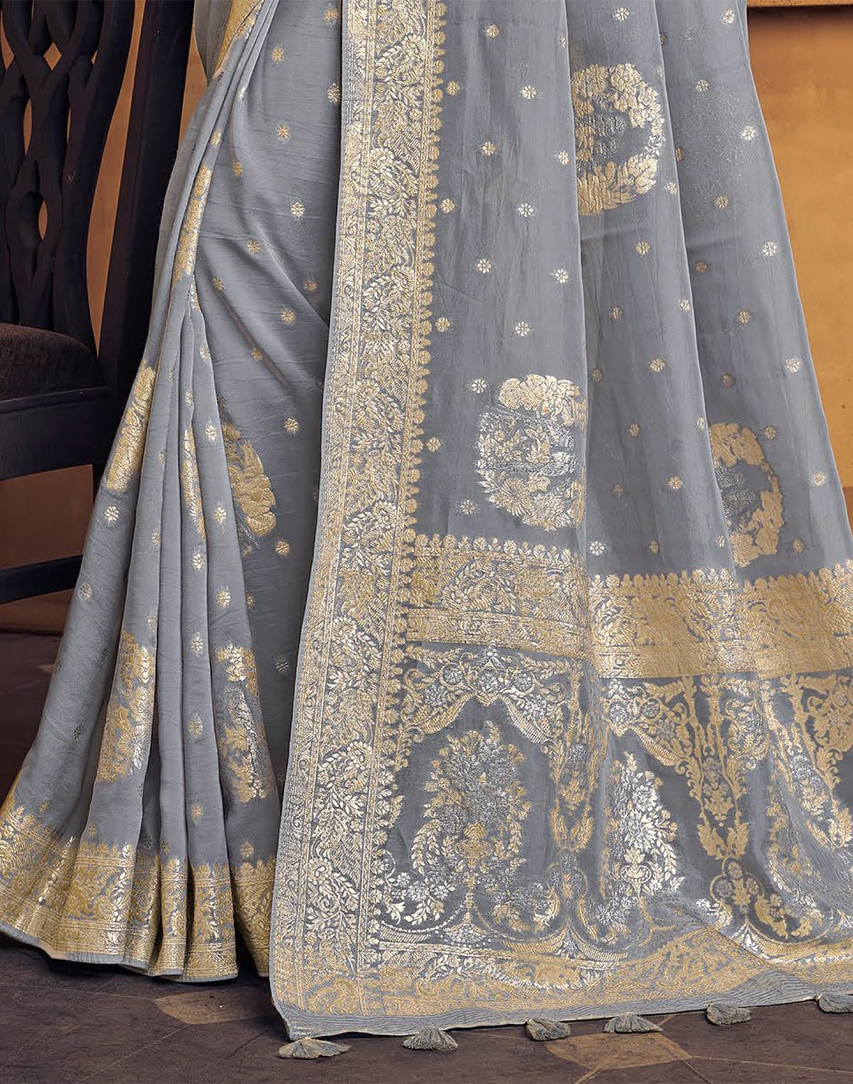 Grey and Pink Soft Dola Silk Saree