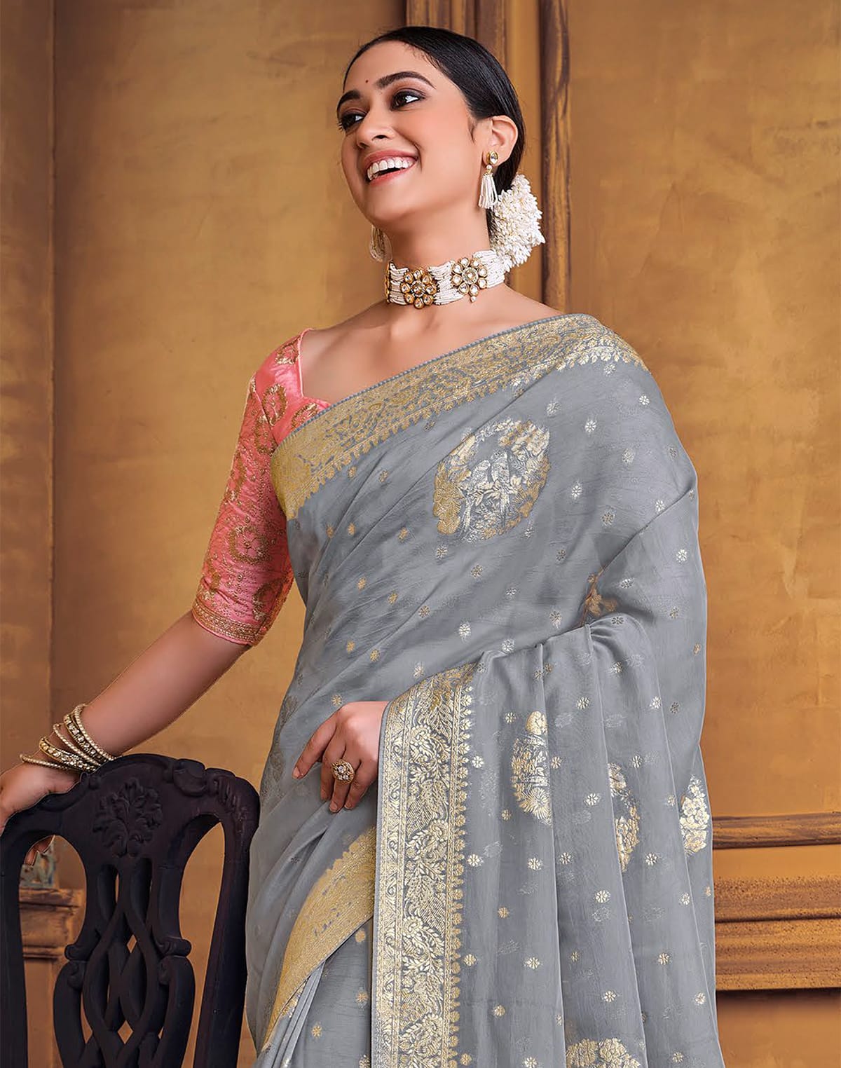 Grey and Pink Soft Dola Silk Saree