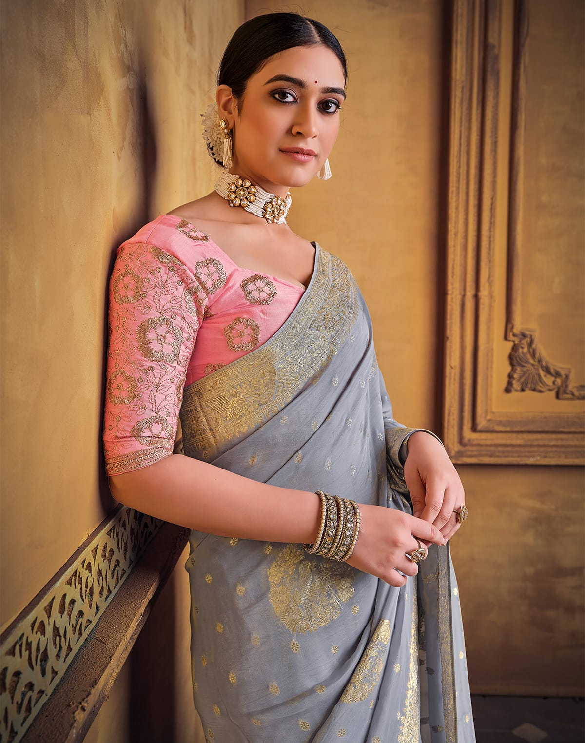 Grey and Pink Soft Dola Silk Saree