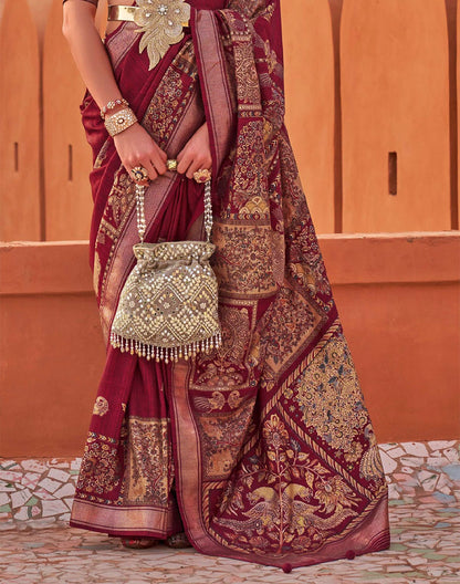 Gorgeous Maroon Digital Print Jute Silk with Kalamkari Border