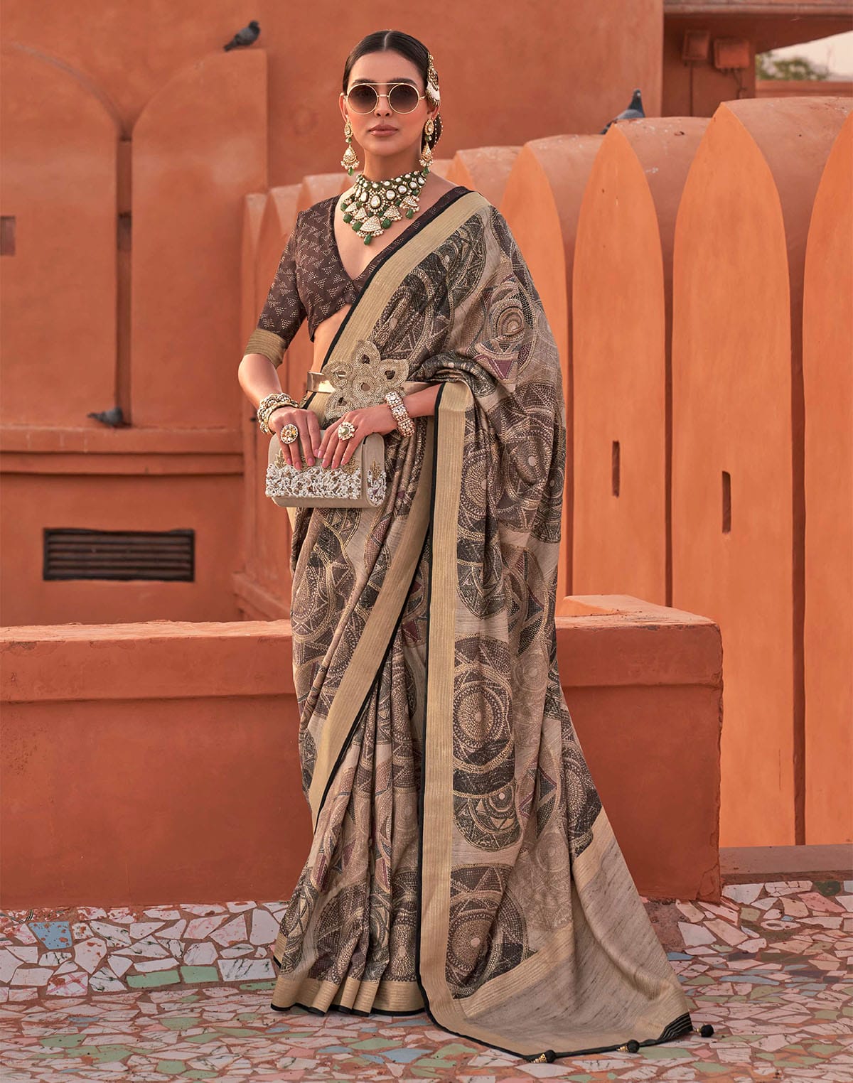 Beige Color Graphic Printed Classic Jute Silk Saree