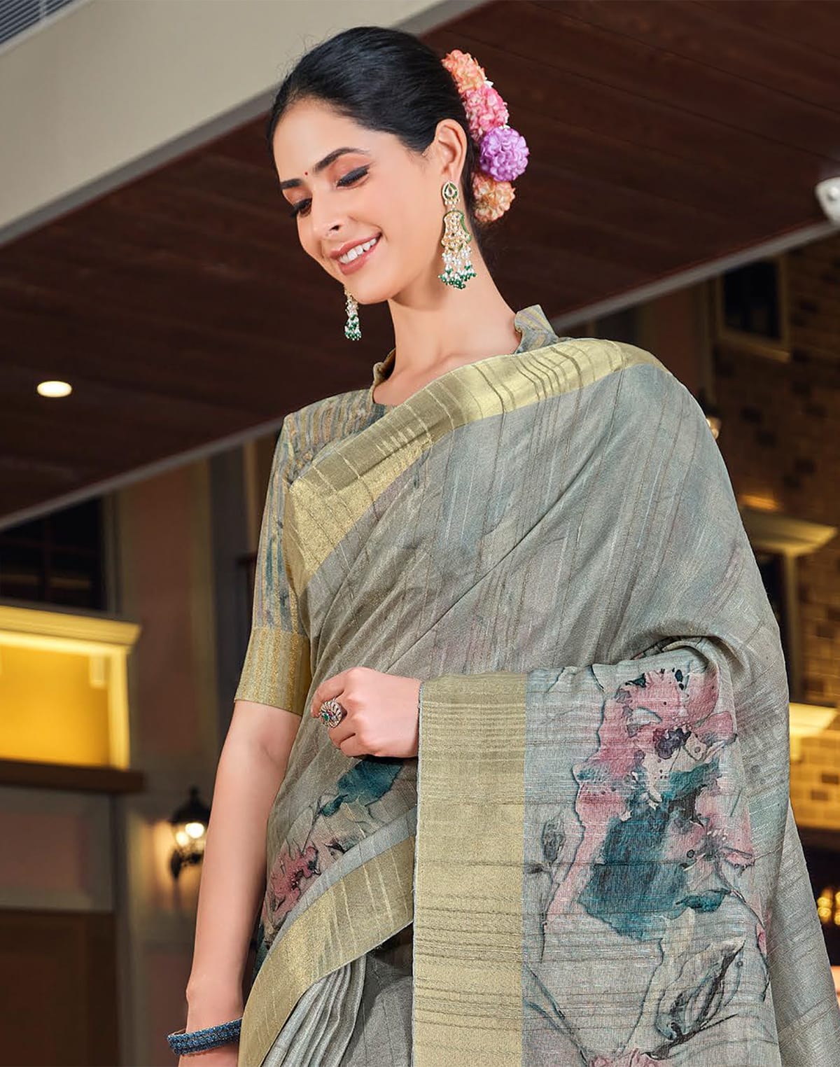 Grey all over digital prit Bagalpuri Silk Saree