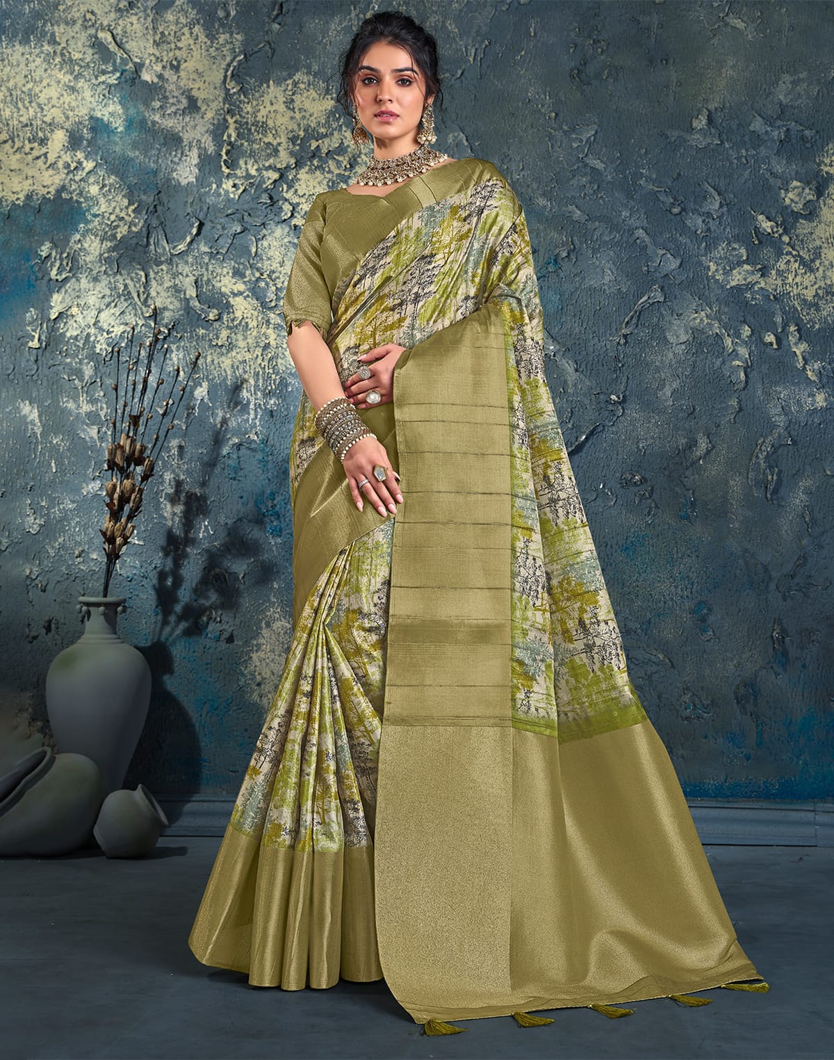 Parrot Green light weight Jute Designer Saree